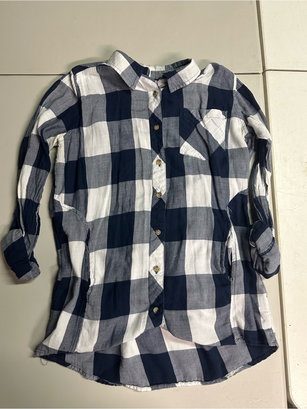 Blue and white plaid button-down shirt Sz L